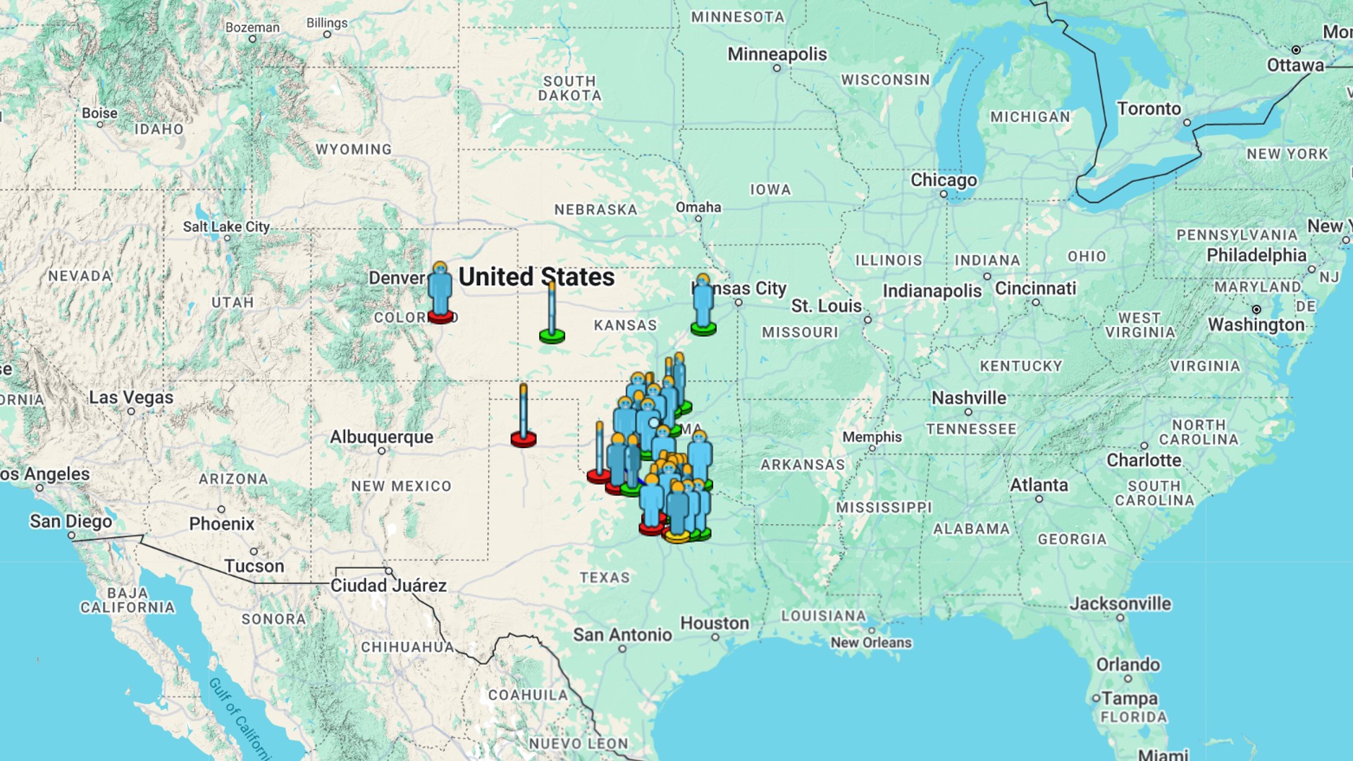 a map of the united states with a cluster of blue human silhouettes over texas and oklahoma